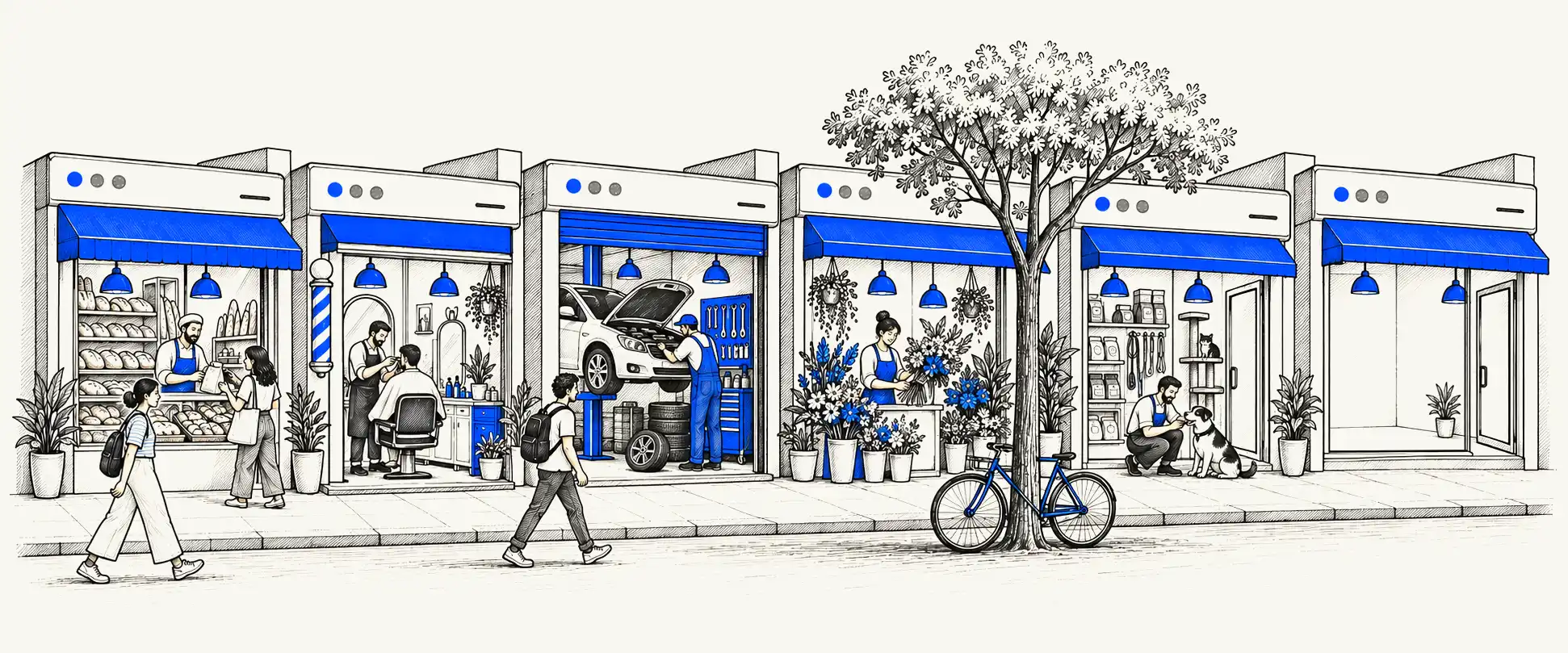 Desenho a nanquim de uma rua com seis lojas cuja fachada é uma janela de navegador: padaria, barbearia, oficina mecânica, floricultura, pet shop e uma loja vazia com a placa "Sua empresa".