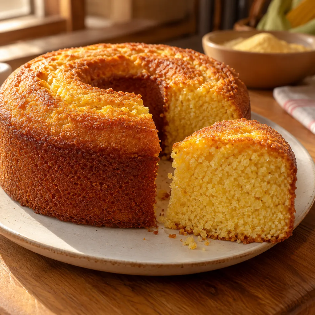 Bolo de fubá inteiro, com uma fatia cortada