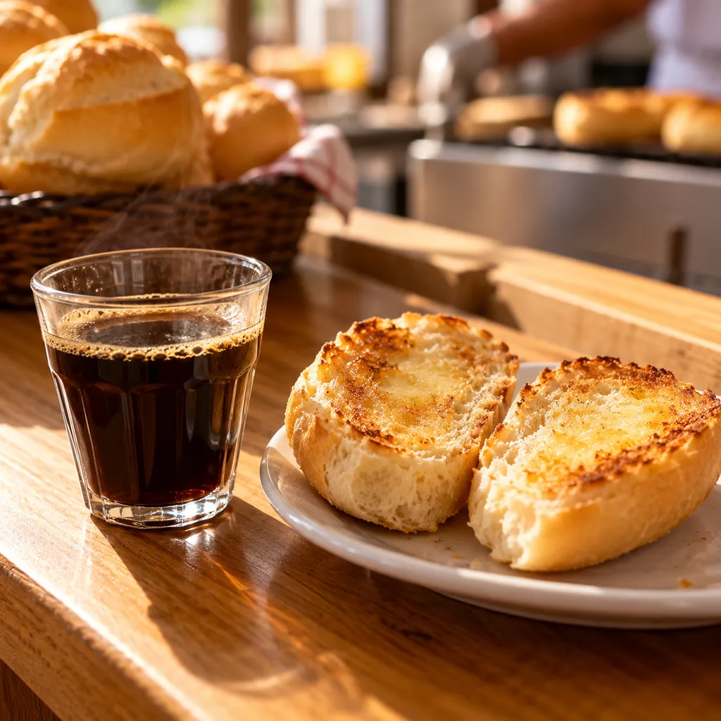 Café coado e pão na chapa