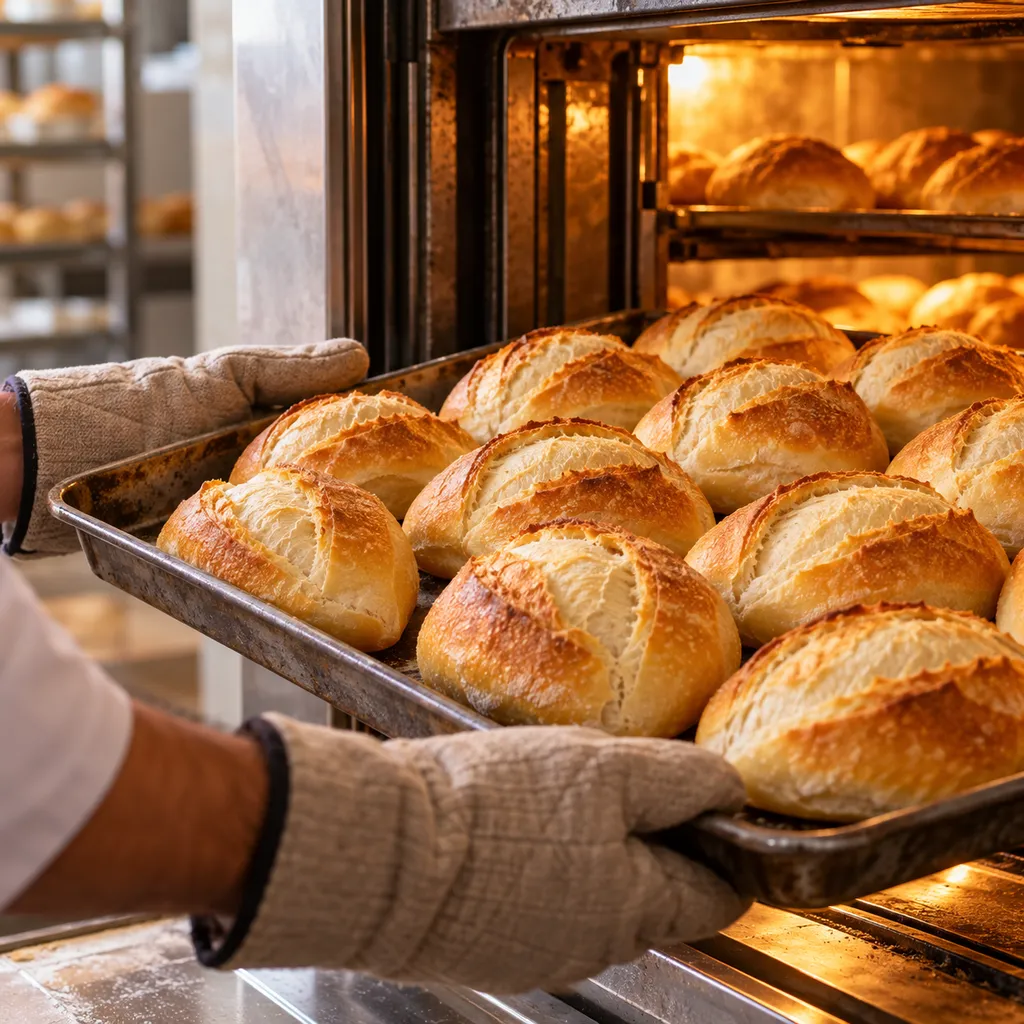 Padeiro tirando uma fornada de pão francês do forno