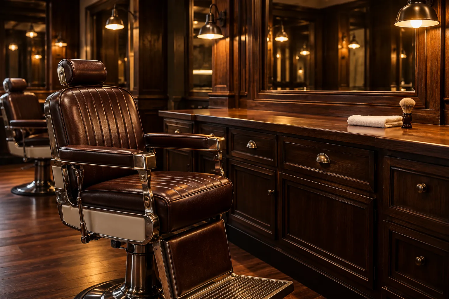 Salão da Barbearia do Léo: cadeira de couro, bancada de madeira e espelhos com luz amarela