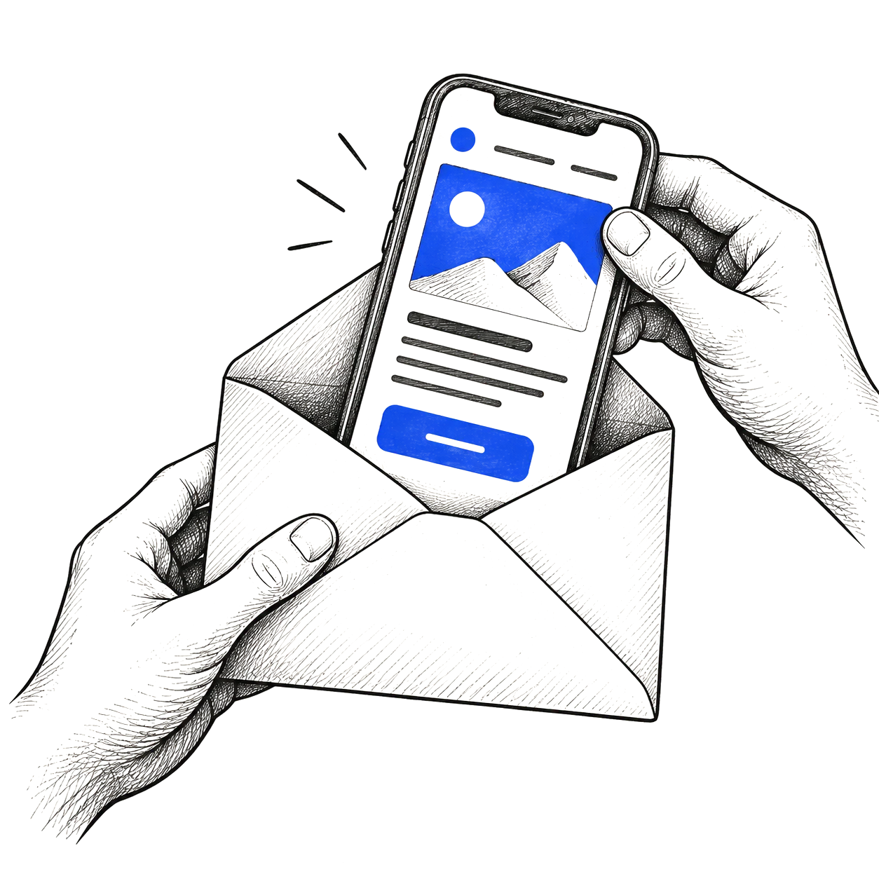 Mãos tirando de um envelope um celular com um site na tela