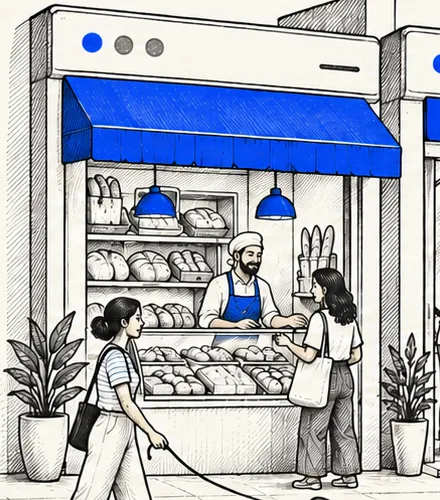 Desenho da vitrine da padaria com os pães do dia